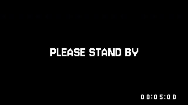 Please standby text with a timer and please stand by text for video production or live streaming waiting purposes. Suitable for broadcasts.