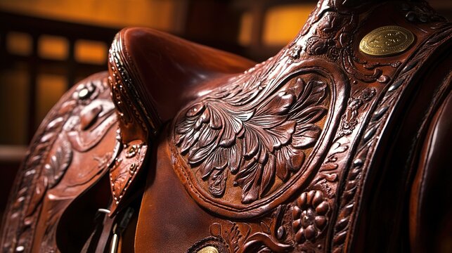 conchos. Extreme close-up of a Western saddle's cantle with intricate tooled leather patterns and brass conchos. wildlife magazines, conservation campaigns, designed for eco-tourism storytelling.