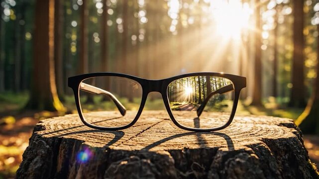 Eyeglasses on tree stump with bright sun rays in a vibrant forest highlighting clear vision and nature