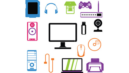 Fototapeta premium A colorful illustration of various electronic devices and gadgets on a white background