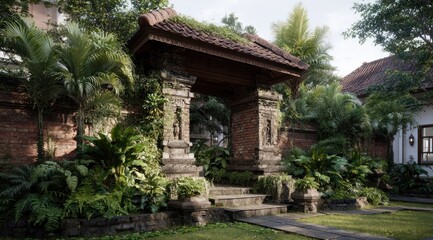 Traditional architecture entrance adorned with stone carvings and lush greenery