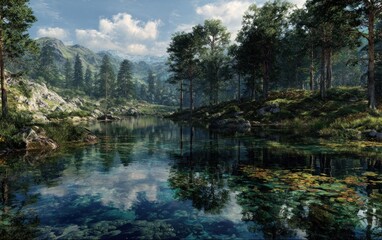 Fototapeta premium Tranquil lake scene with lush trees and mountain backdrop under a bright sky
