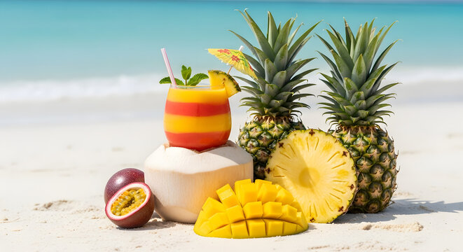 Pineapple and Mango on Sandy Beach.