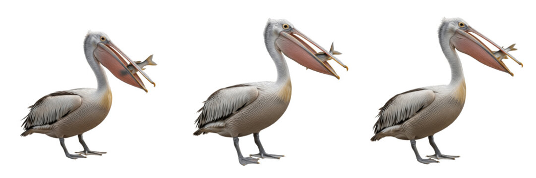 Set of large white pelicans catching and holding fish in their beaks isolated on white background.