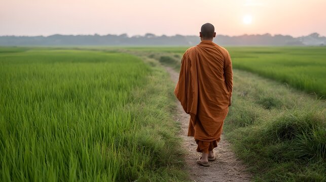 A Buddhist monk walks on a dirt path through lush green rice fields at sunrise