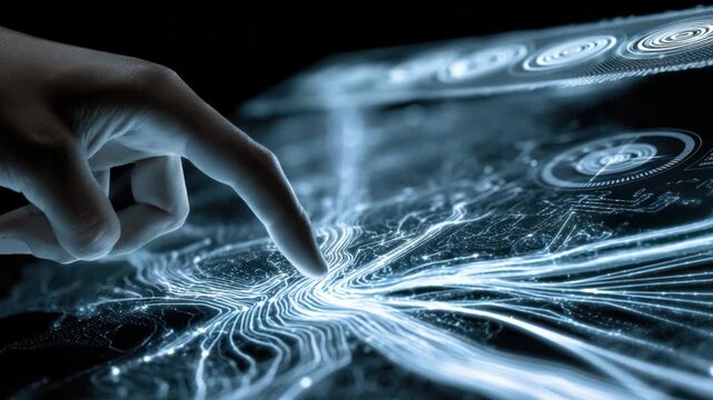 Interactive Technology at Fingertips: A close-up view of a hand interacting with a holographic display.
