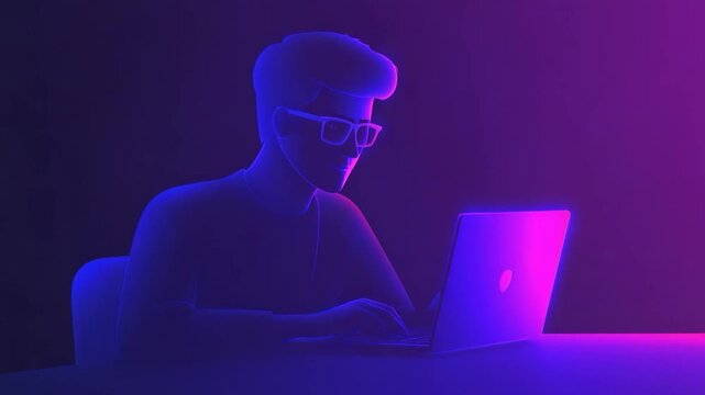 Silhouette of a person with glasses working on a laptop, glowing with purple and pink light