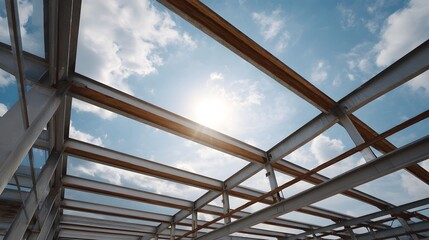 Naklejka premium Upward view of a steel building framework under construction against a bright sunny sky