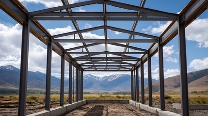 Naklejka premium Unfinished steel building framework stands against a backdrop of majestic mountains under a bright cloudy sky