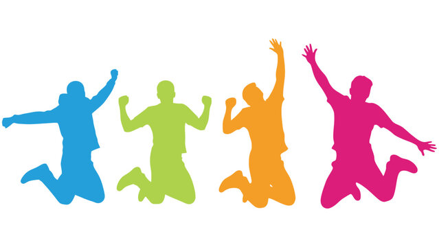 Four colorful silhouettes of people jumping in the air with joy and excitement