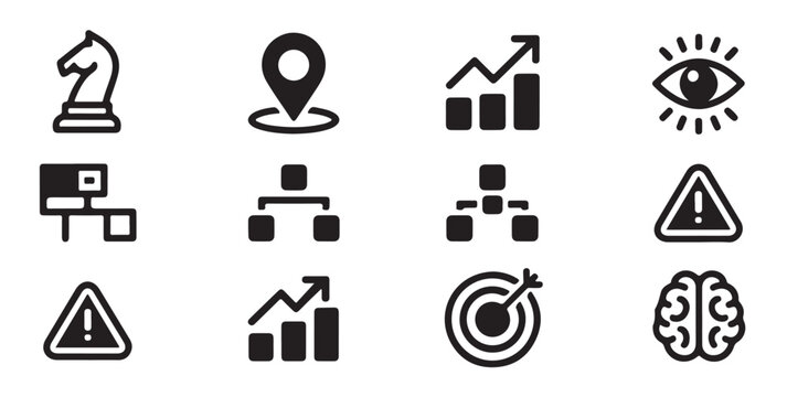Set of black silhouette icon isolated on white background strategy location growth warning brain