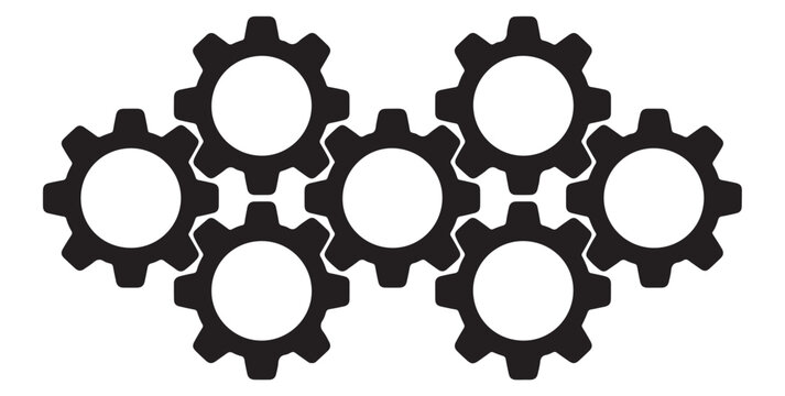 Set of black silhouette gears connected to each other icon isolated on white background