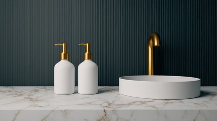 A modern bathroom scene featuring elegant white dispensers and a sleek basin with a gold faucet against a textured dark wall.