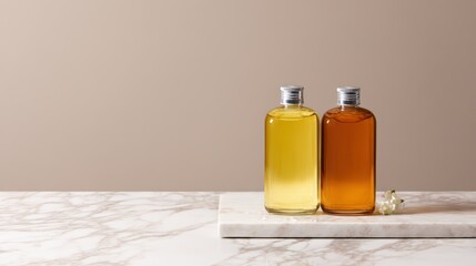 Two elegant bottles of scented liquid, one yellow and one amber, placed on a marble surface against a soft, neutral background.