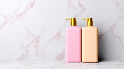 Two stylish lotion bottles, one pink and one beige, with gold pumps, set against a chic marble background.