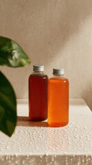 Two colorful beverage bottles, one amber and one dark red, sit on a textured surface, glistening with condensation and framed by a green plant.