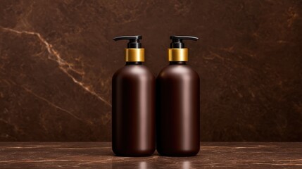Two elegant brown bottles with pumps sit on a marble surface, showcasing a luxurious and minimalist design.