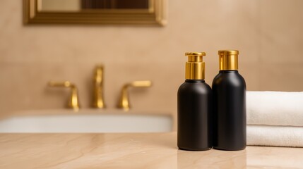 A sleek bathroom setup featuring elegant black bottles and plush white towels, exuding luxury and tranquility.