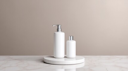 Minimalist display of white cosmetic bottles on a circular stand against a soft beige background, emphasizing simplicity and elegance in design.