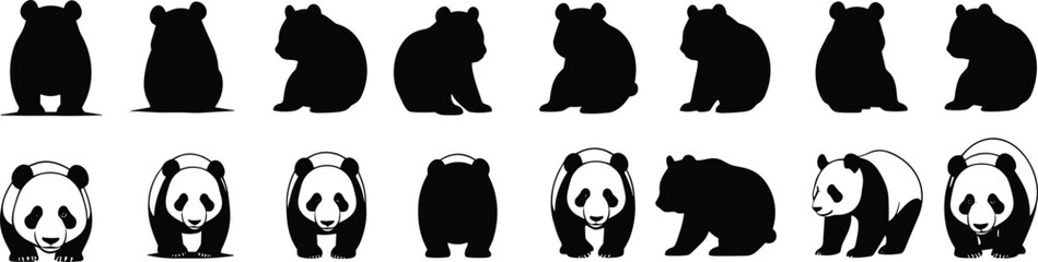 Set of panda bear silhouettes and detailed illustrations in multiple sitting and walking poses, black and white wildlife vector © Sumon Creative