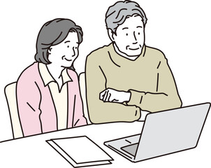 並んでパソコンを見るシニア夫婦のイラスト素材