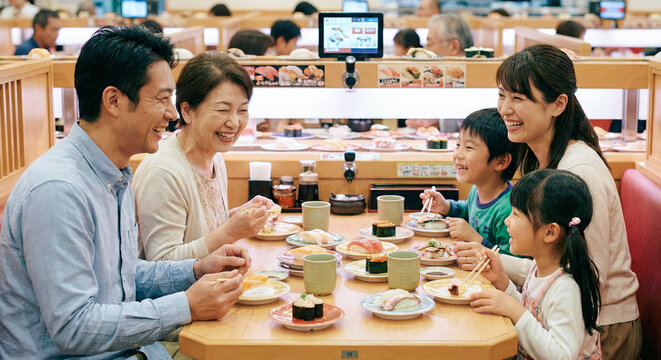 回転寿司を食べる日本人の家族：日本の食文化