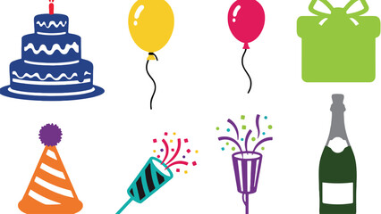 Obraz premium A colorful illustration of party icons and celebration symbols on a white background