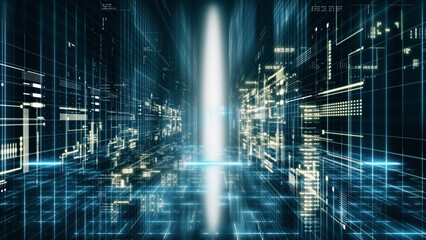 Obraz premium Abstract digital corridor with luminous data grids and flowing information, representing the future of technology, artificial intelligence, global networks, and digital transformation. 