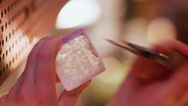 Vertical video. Pub ice. Preparing cold drink. Bartender hand using chipper making textured huge cube for refreshing cocktail. Professional bar picks chisel.