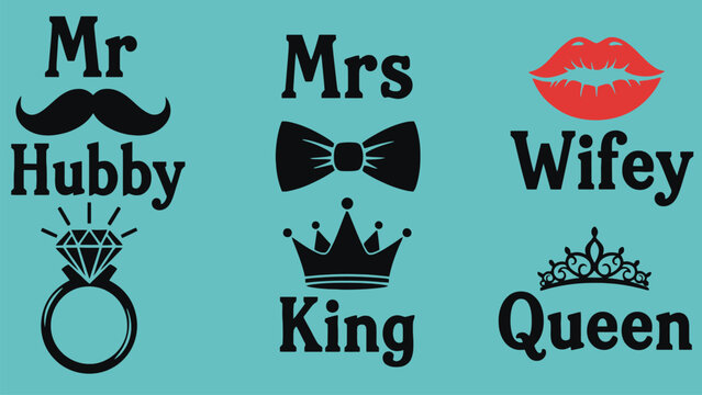 A collection of cute couple icons and titles on a teal background