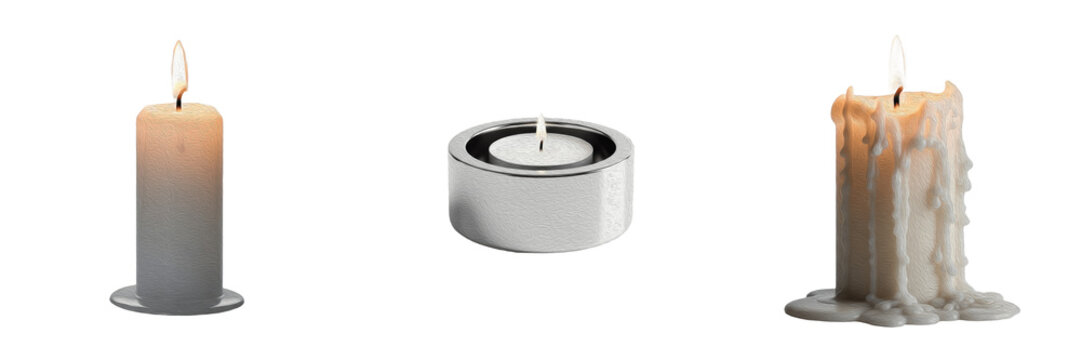 Set of burning wax candles including a pillar candle, tealight, and melting dripping candle isolated on white background.