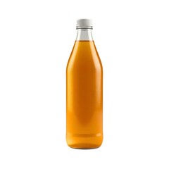 Clear glass bottle with golden liquid isolated on white background