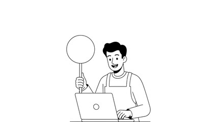 A cartoon man with a laptop showing approval and disapproval signs