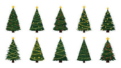 Obraz premium Collection of ten various green Christmas trees decorated with colorful lights and ornaments representing festive holiday celebrations and joy.