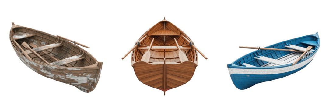 Set of traditional wooden rowboats and blue fishing boat with oars isolated on white background.