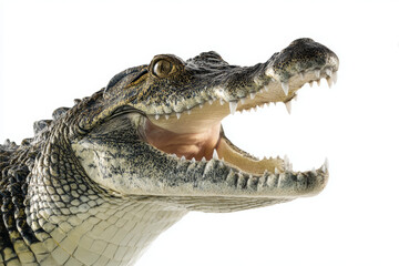 Obraz premium Crocodile reptile animal wildlife predator open mouth sharp tooth white background closeup dangerous crocodile open mouth closeup white background