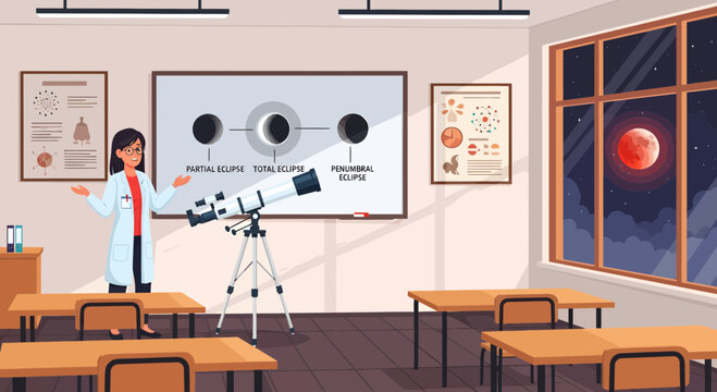 Female Teacher Explaining Eclipse Phases in Classroom