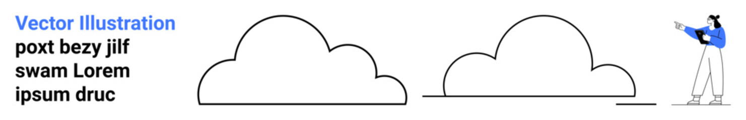 Obraz premium Simplistic design with a character pointing at two abstract cloud forms. Ideal for innovation, brainstorming, creativity, teamwork, cloud computing, technology, or a simple landing page