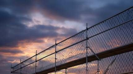 An industrial scaffolding structure complete with safety netting stands silhouetted against a dramatic and colorful sunset sky at twilight