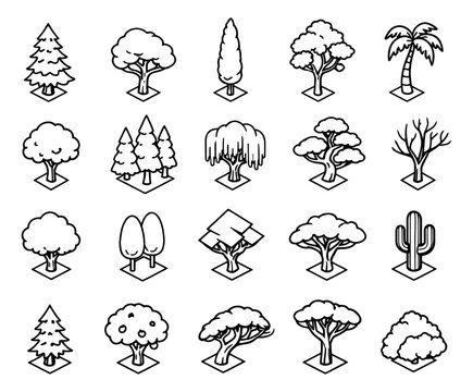 Hand drawn line art isometric tree set featuring diverse foliage and trunk shapes for landscape and map design