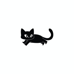 Obraz premium Cute black cat walking or creeping illustration, minimalist kitten silhouette with big eyes isolated on white background