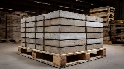 Stacks of concrete slabs neatly arranged on wooden pallets in a warehouse storage area