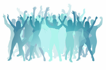 Abstract blue silhouettes of people with arms raised in celebration