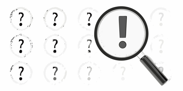 A magnified exclamation point amidst numerous question marks symbolizing focus
