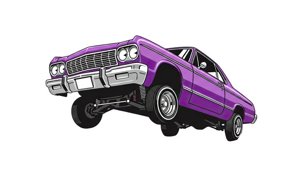 Purple lowrider car in motion, automotive culture