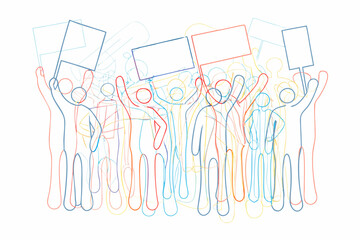 A group of people raising signs in a sketched abstract illustration