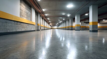 Obraz premium A clean and modern concrete parking garage interior with a highly reflective floor and repeating columns