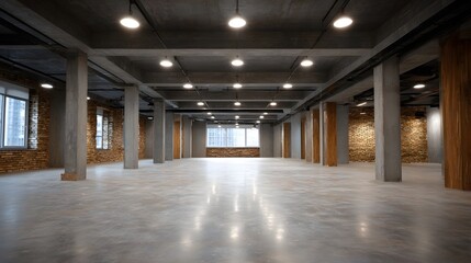 Obraz premium Vast empty industrial loft interior with polished concrete floor exposed ceiling and urban view
