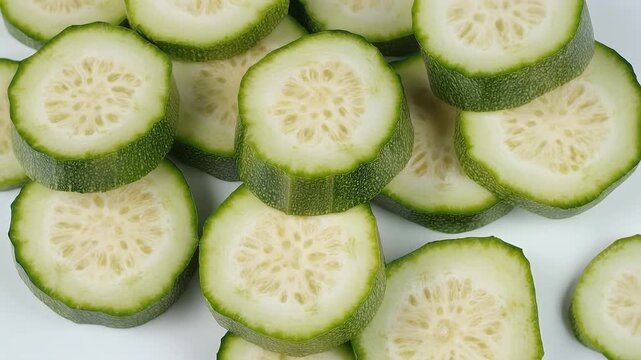 Sliced green vegetable rounds, light center, dark edges