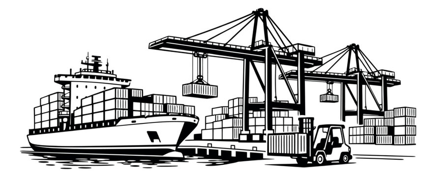 Line art illustration of a busy cargo port depicting loading and unloading operations for global shipping and logistics